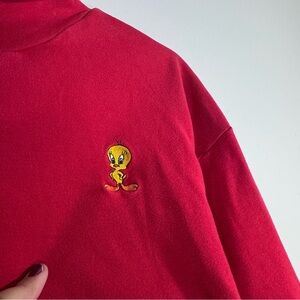 Vintage 90s Tweety Bird Looney Tunes Mock Neck Sweatshirt Red M
